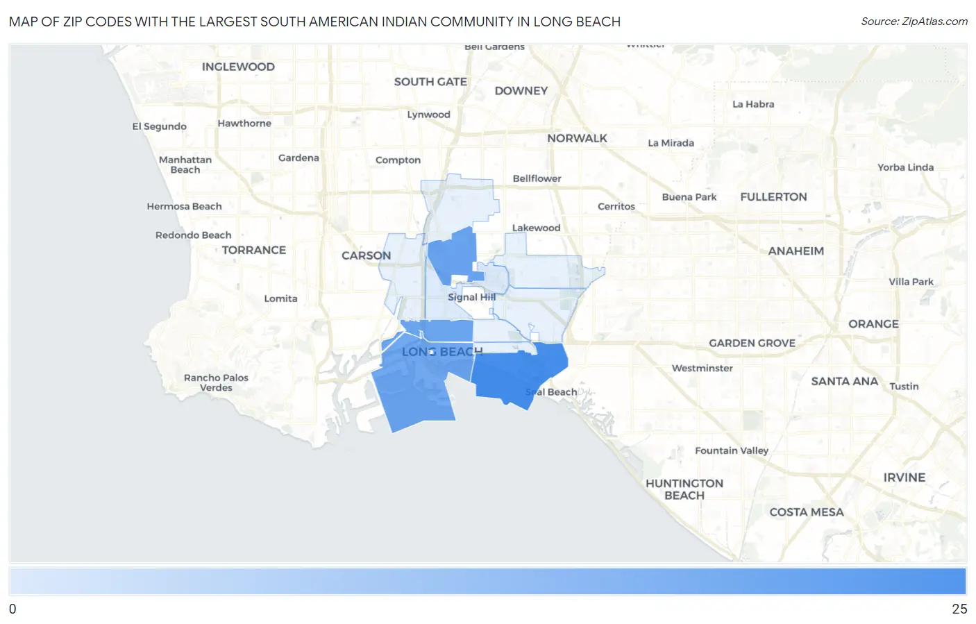 Zip Codes with the Largest South American Indian Community in Long Beach Map