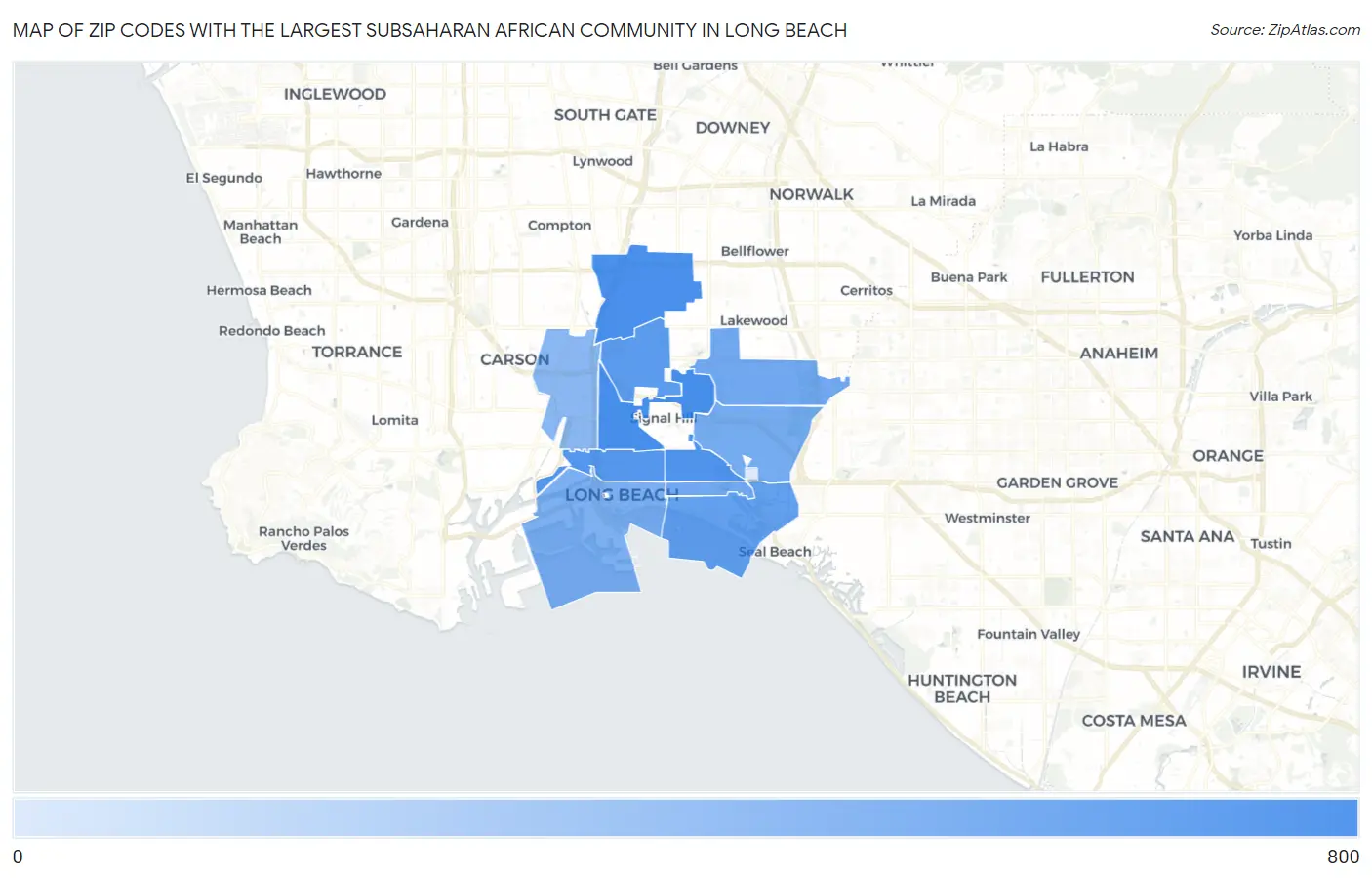 Zip Codes with the Largest Subsaharan African Community in Long Beach Map