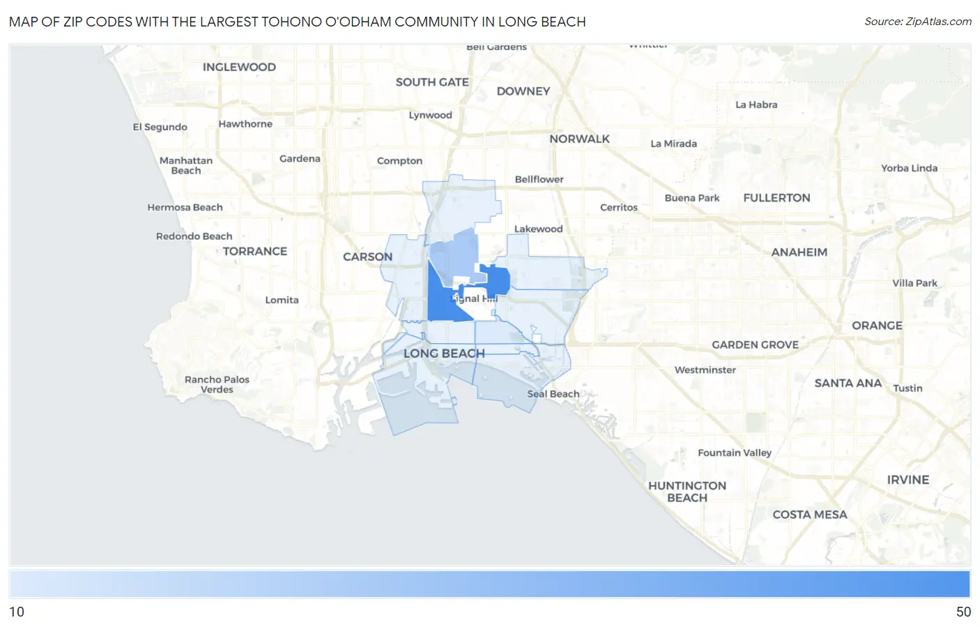 Zip Codes with the Largest Tohono O'Odham Community in Long Beach Map