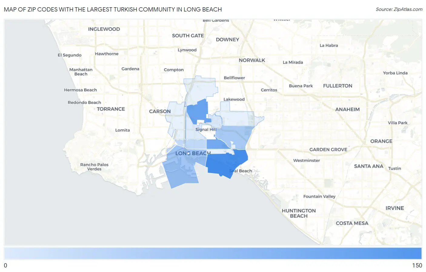 Zip Codes with the Largest Turkish Community in Long Beach Map