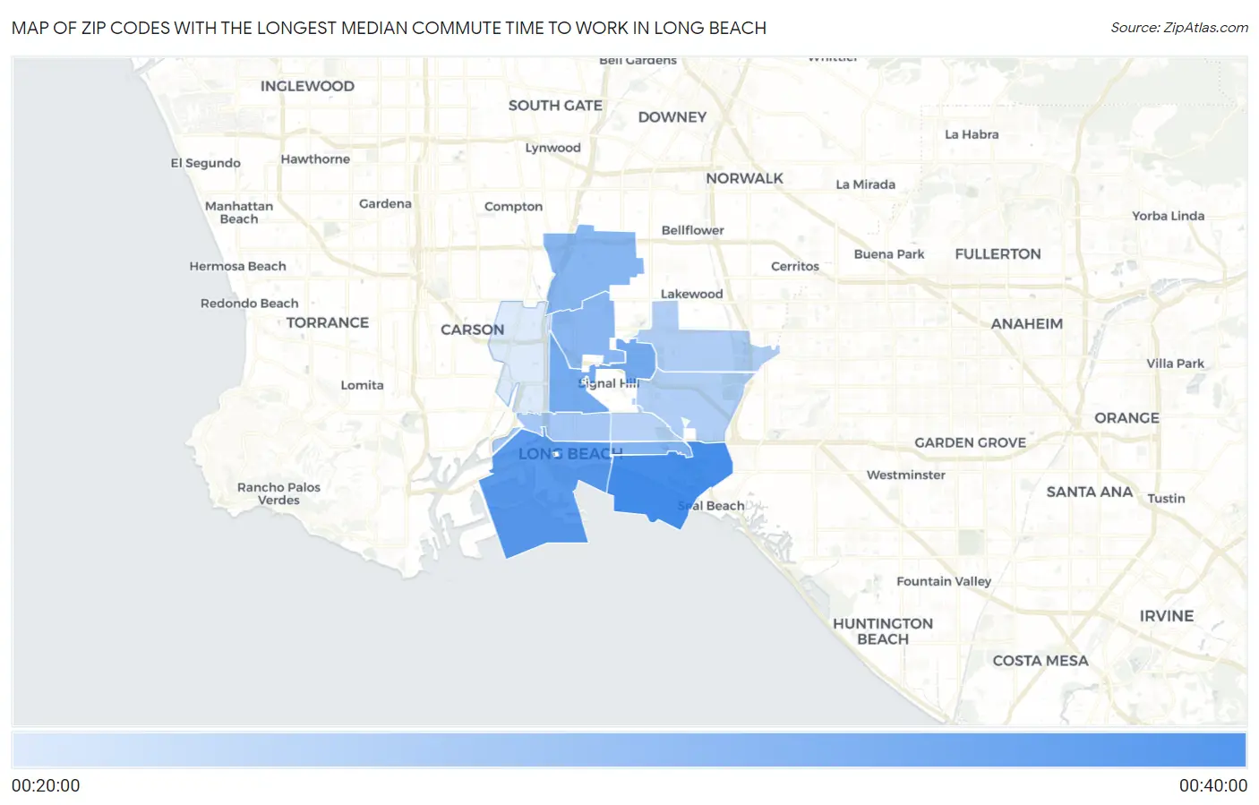 Zip Codes with the Longest Median Commute Time to Work in Long Beach Map