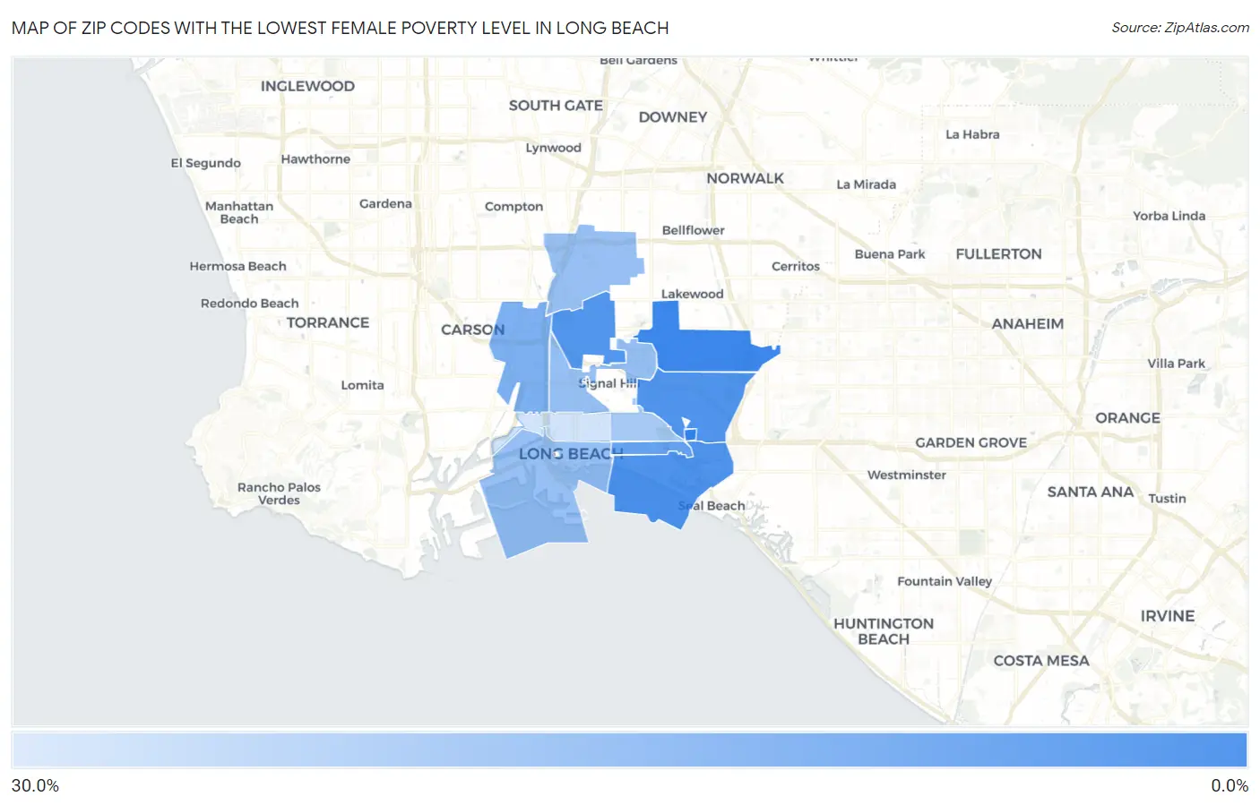 Zip Codes with the Lowest Female Poverty Level in Long Beach Map