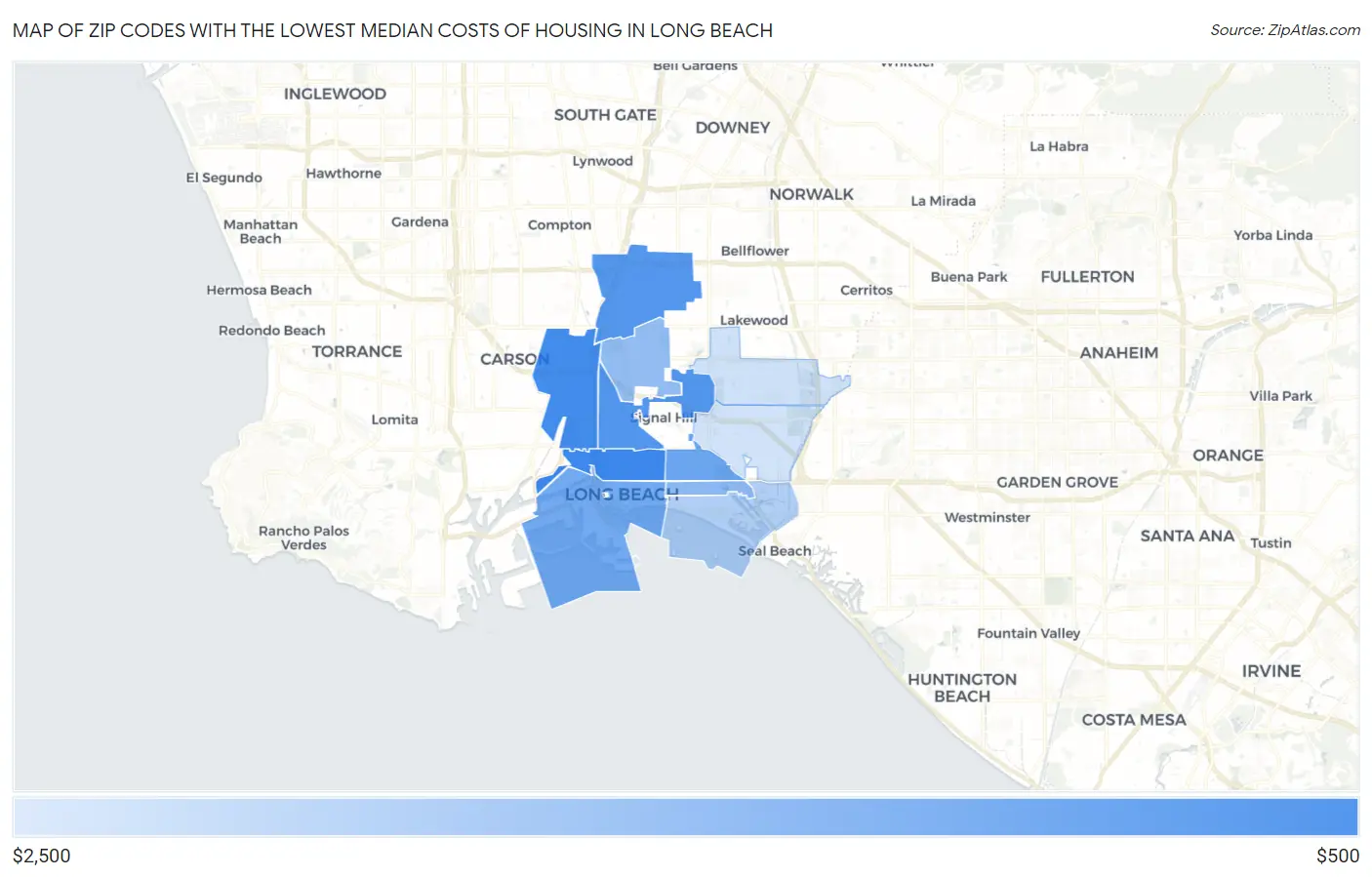 Zip Codes with the Lowest Median Costs of Housing in Long Beach Map