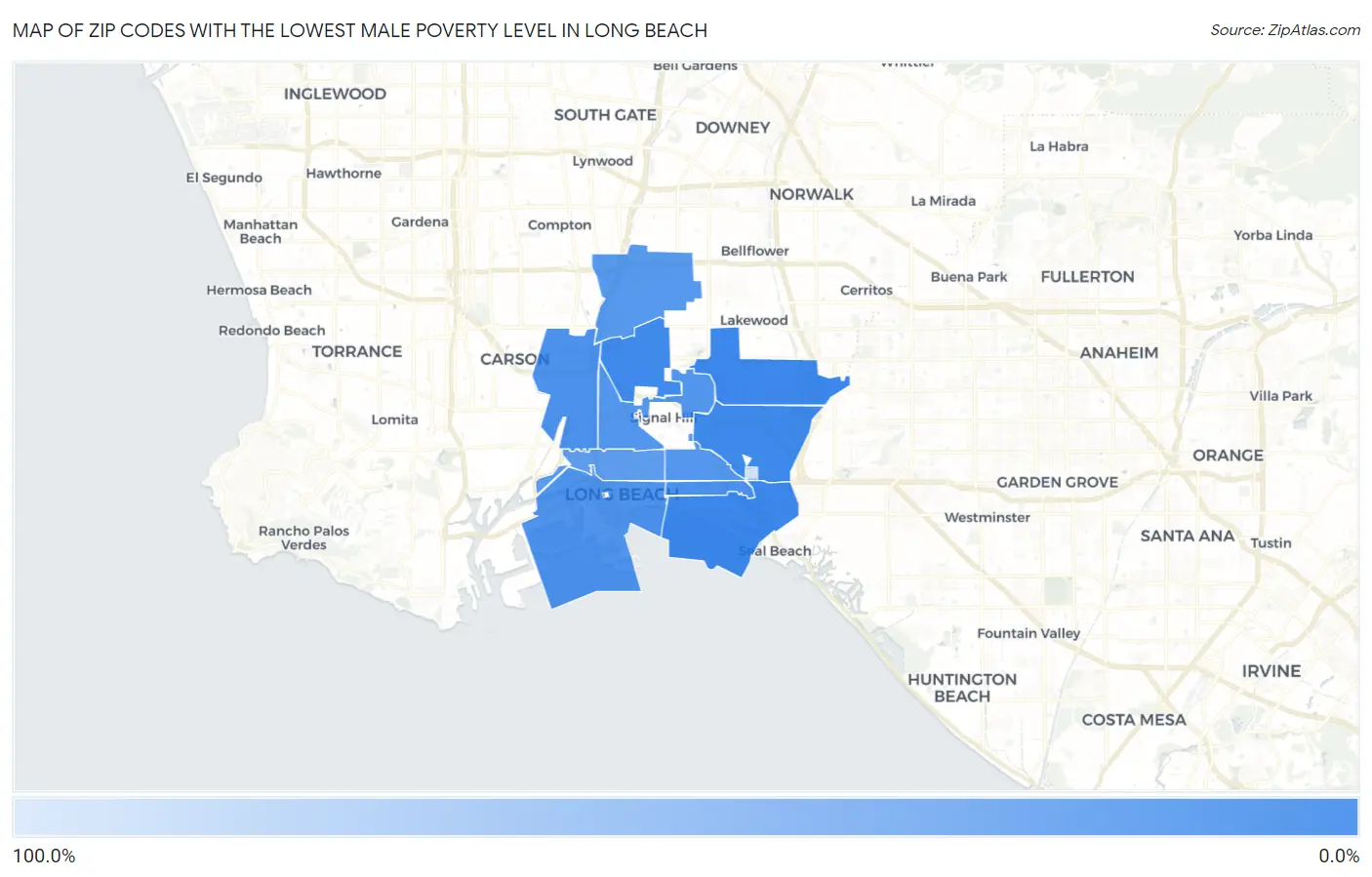 Zip Codes with the Lowest Male Poverty Level in Long Beach Map