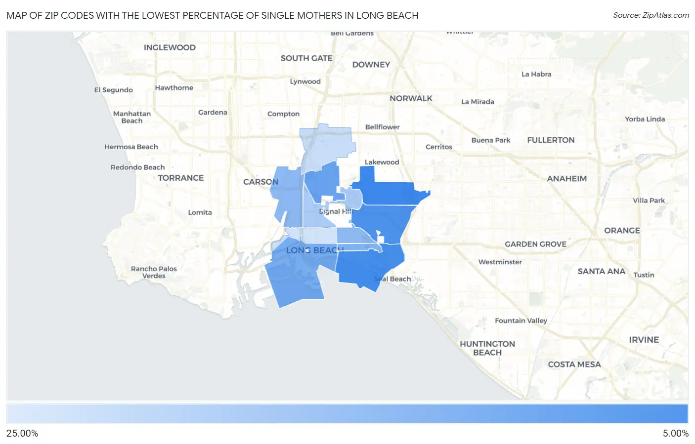 Zip Codes with the Lowest Percentage of Single Mothers in Long Beach Map