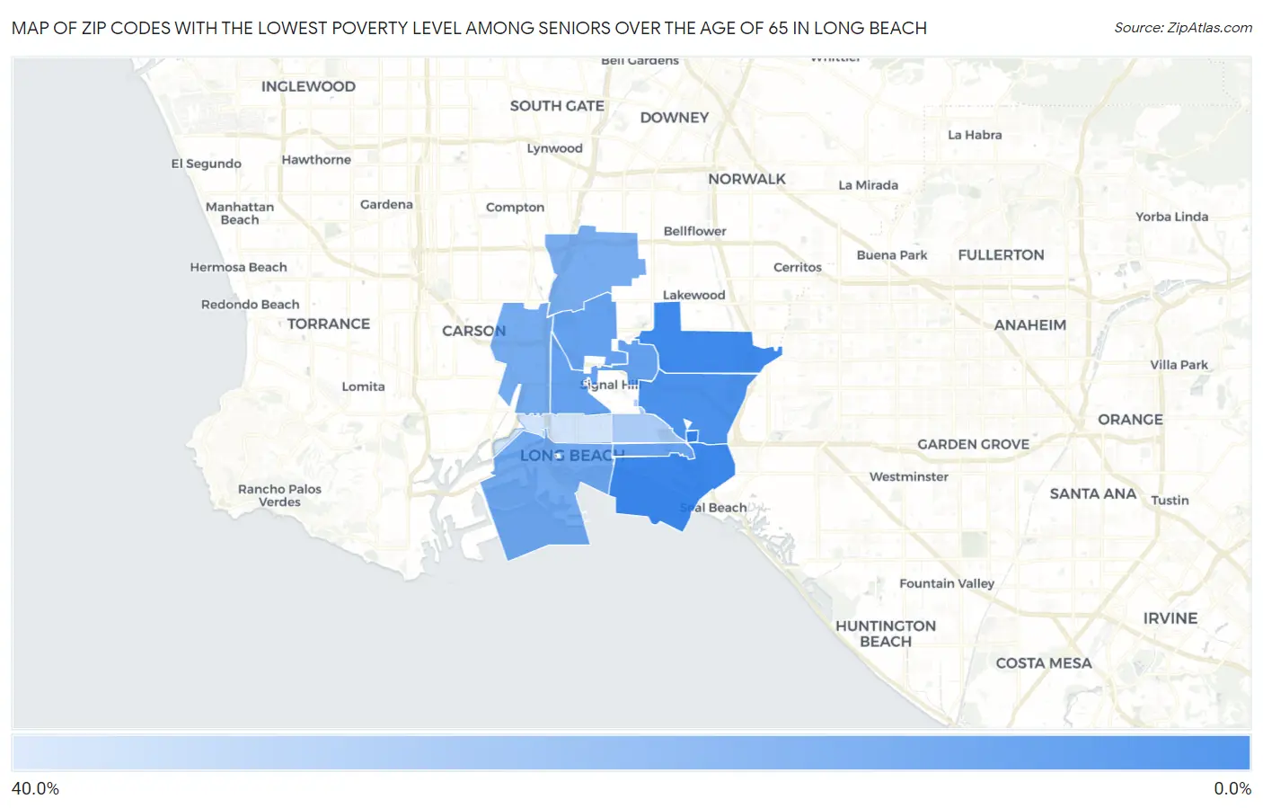 Zip Codes with the Lowest Poverty Level Among Seniors Over the Age of 65 in Long Beach Map