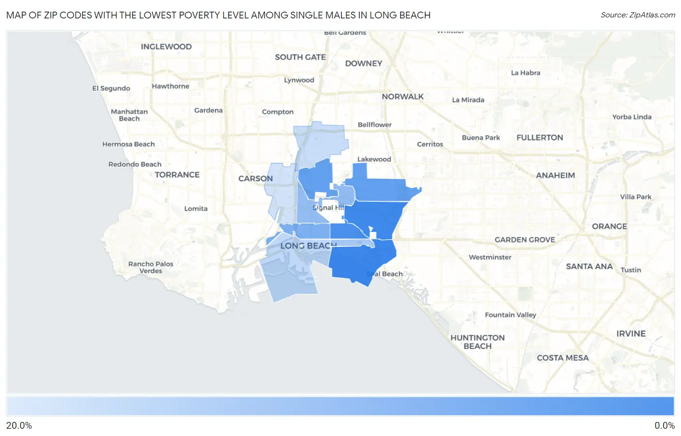 Zip Codes with the Lowest Poverty Level Among Single Males in Long Beach Map