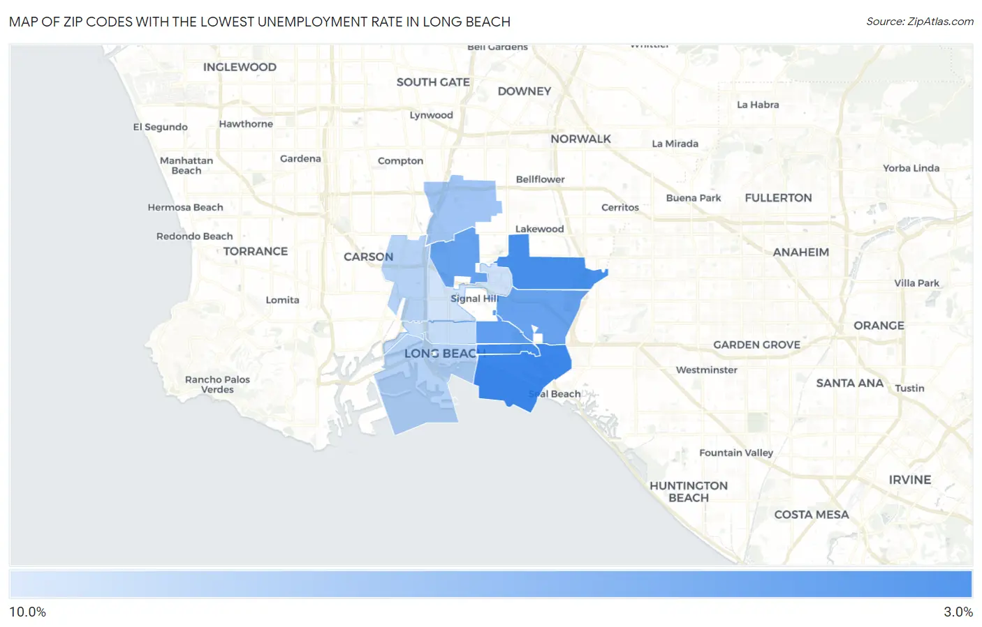 Zip Codes with the Lowest Unemployment Rate in Long Beach Map