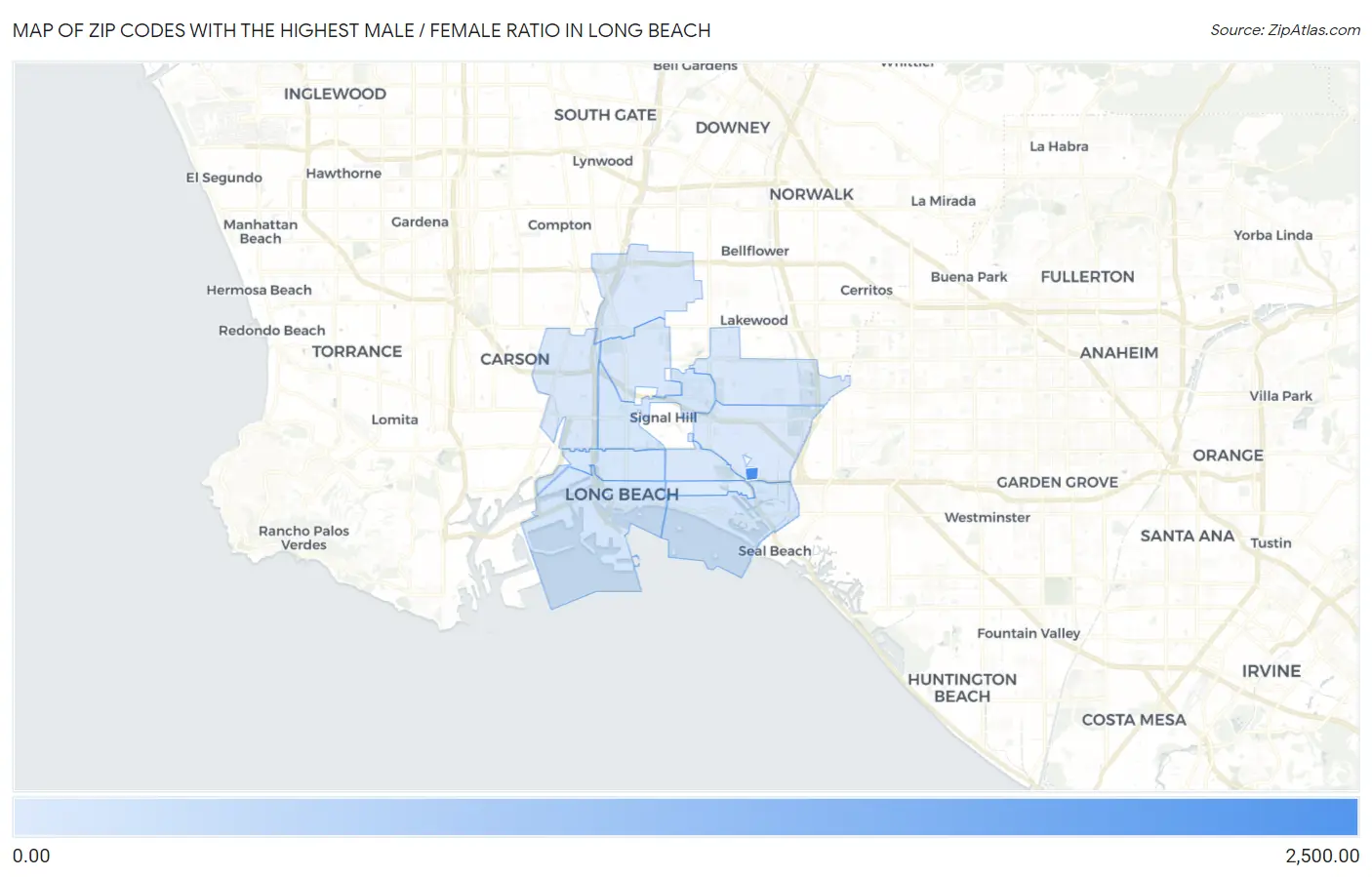 Zip Codes with the Highest Male / Female Ratio in Long Beach Map