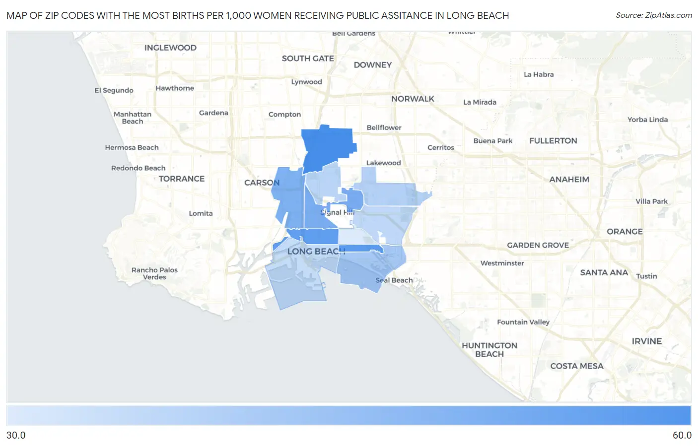 Zip Codes with the Most Births per 1,000 Women Receiving Public Assitance in Long Beach Map