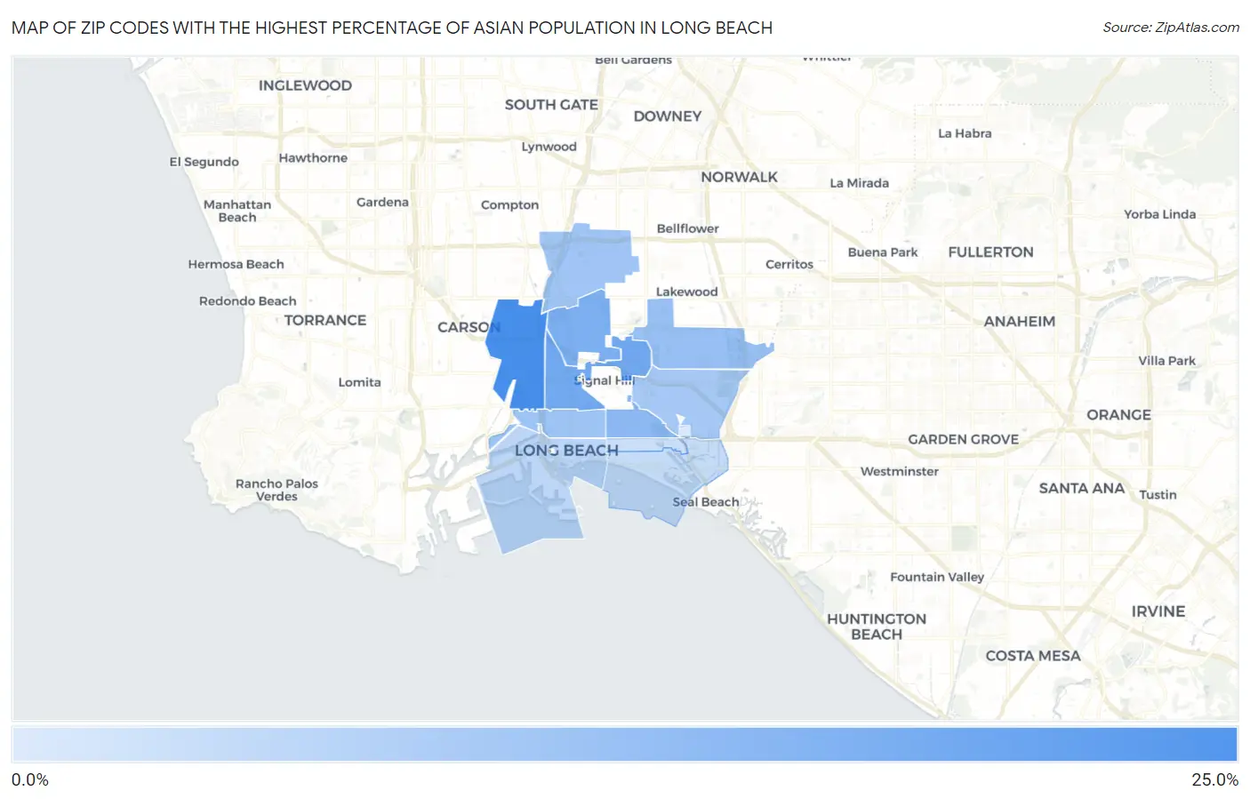 Zip Codes with the Highest Percentage of Asian Population in Long Beach Map