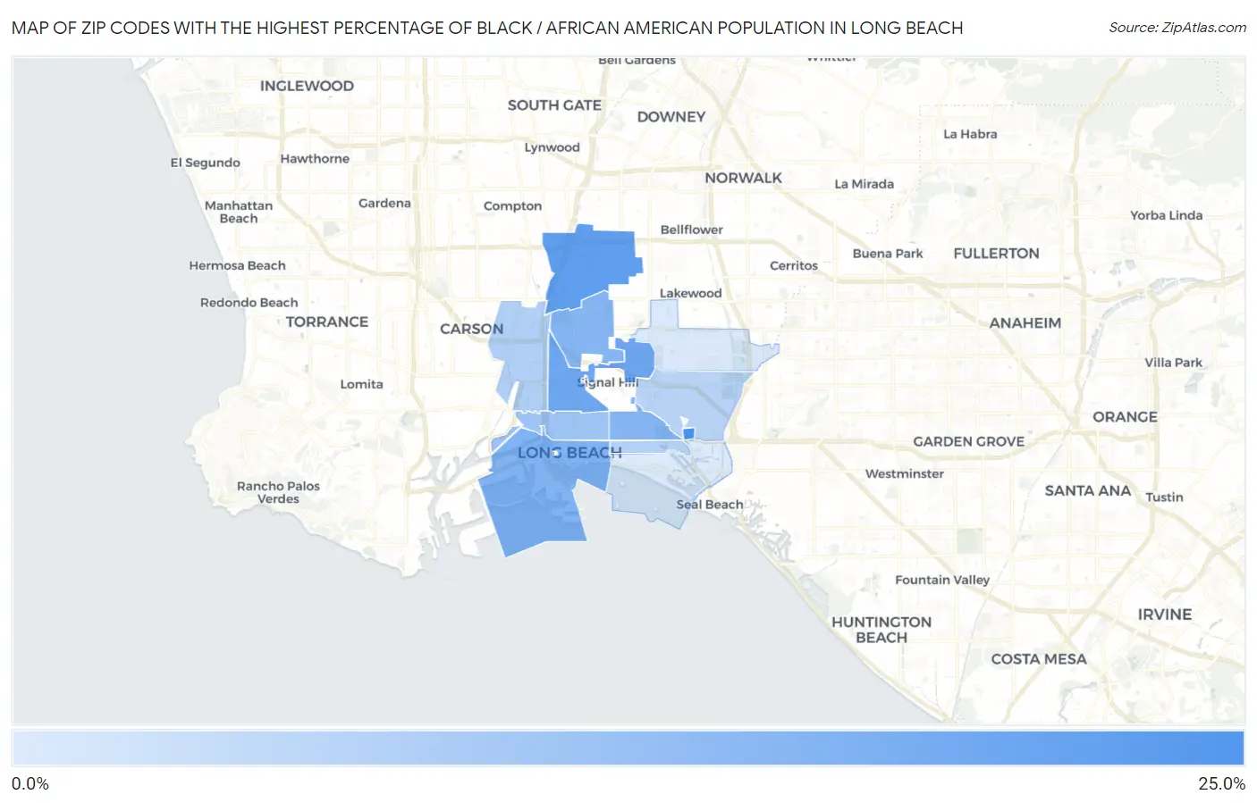 Zip Codes with the Highest Percentage of Black / African American Population in Long Beach Map