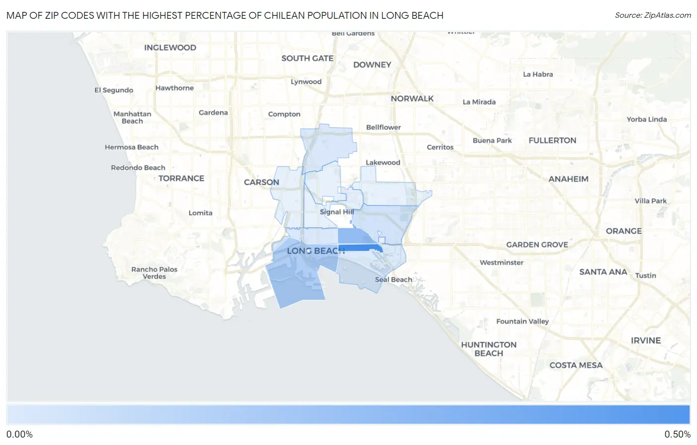 Zip Codes with the Highest Percentage of Chilean Population in Long Beach Map