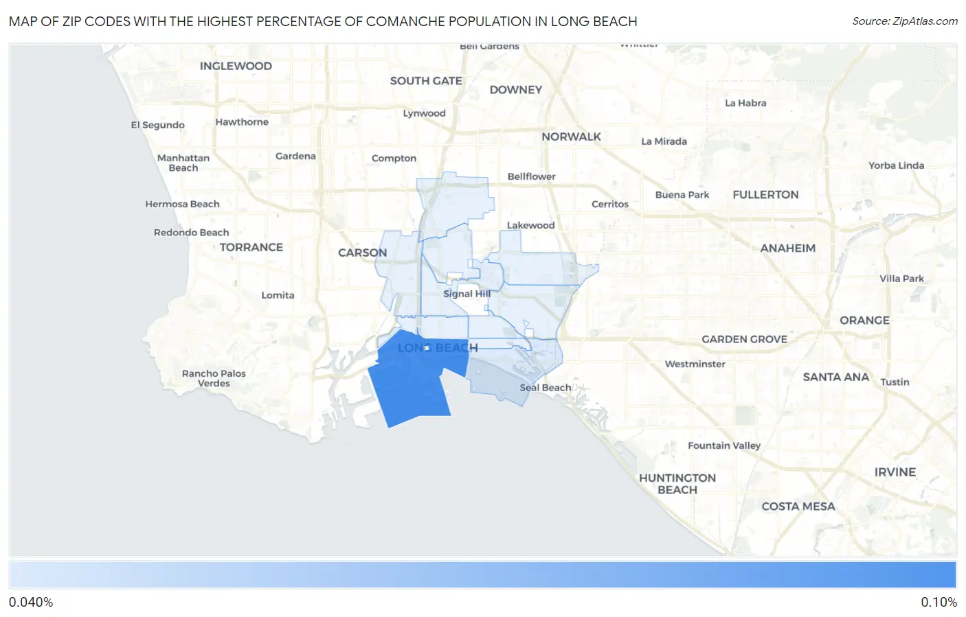 Zip Codes with the Highest Percentage of Comanche Population in Long Beach Map