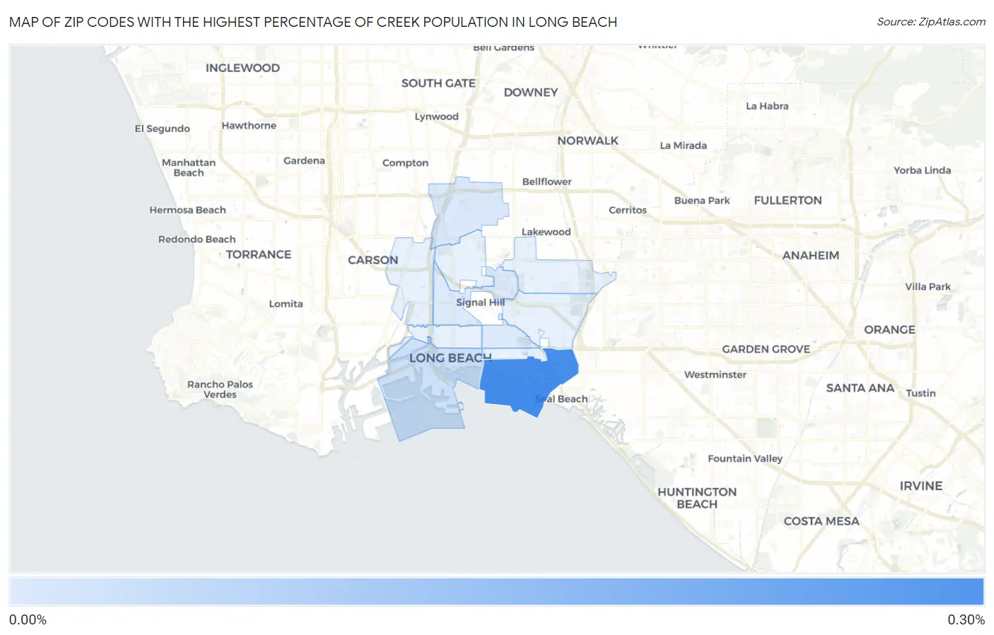 Zip Codes with the Highest Percentage of Creek Population in Long Beach Map