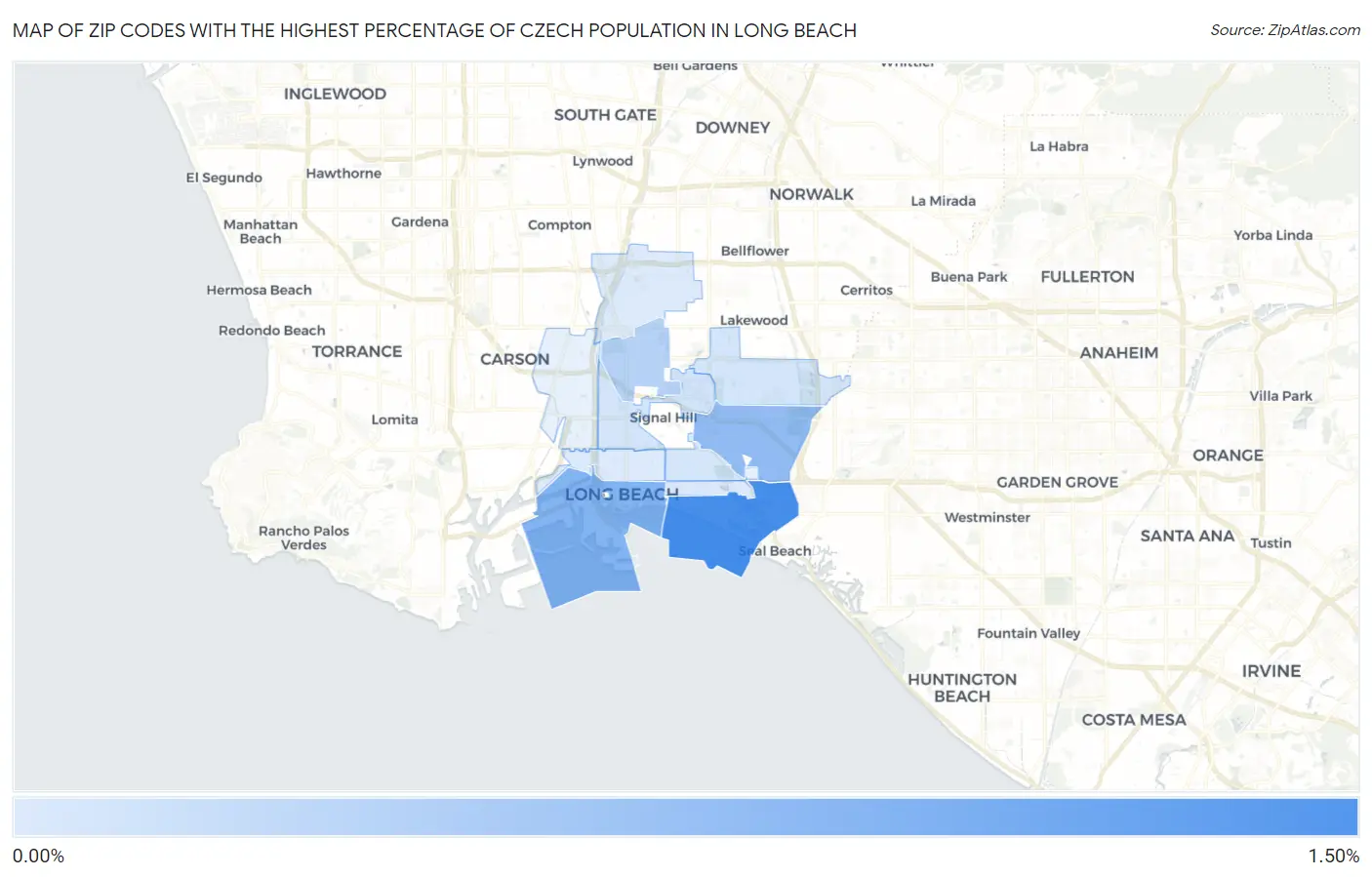 Zip Codes with the Highest Percentage of Czech Population in Long Beach Map