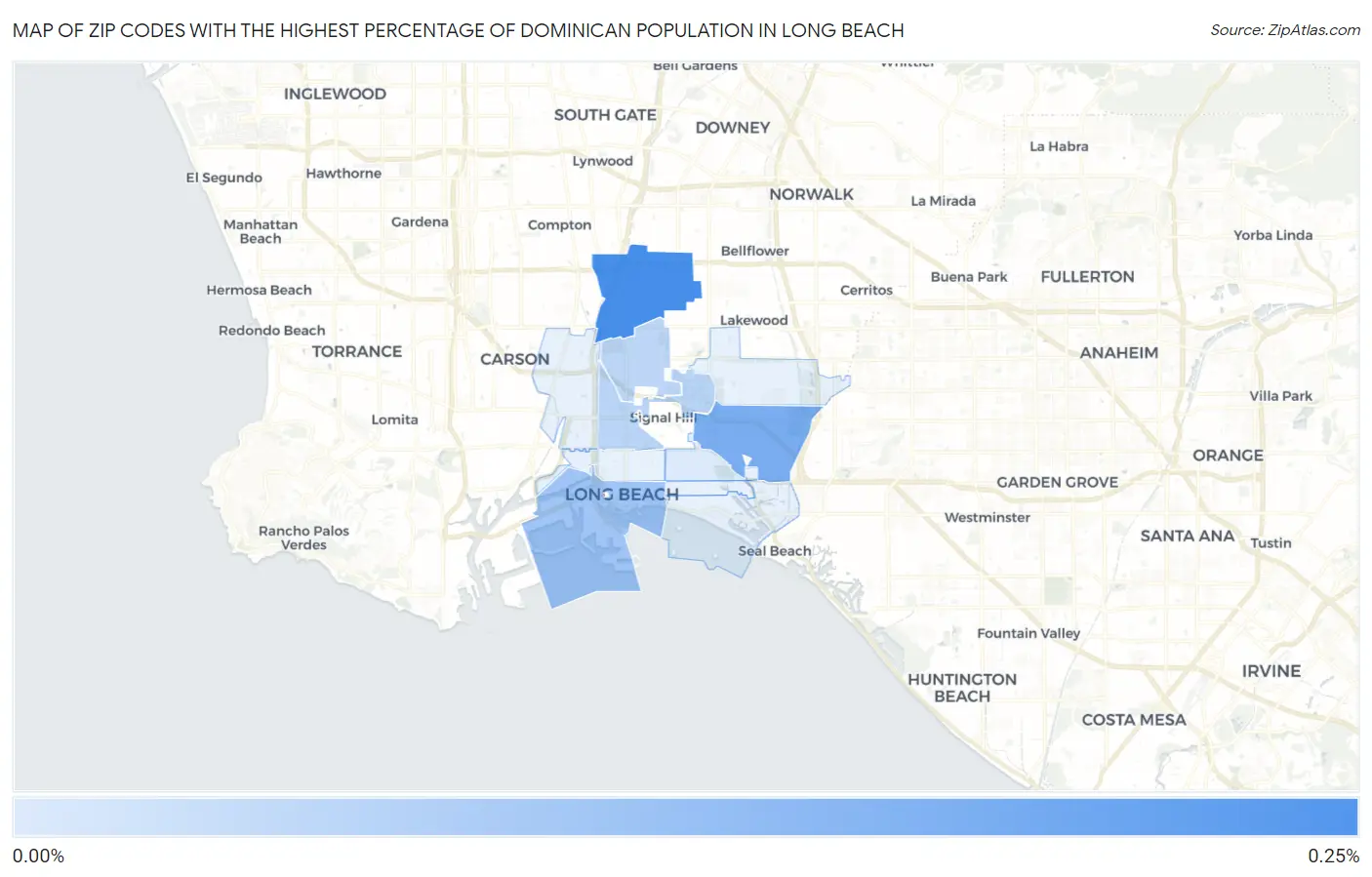 Zip Codes with the Highest Percentage of Dominican Population in Long Beach Map