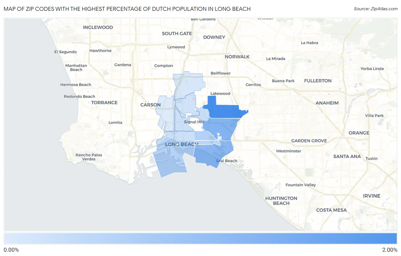 Zip Codes with the Highest Percentage of Dutch Population in Long Beach Map