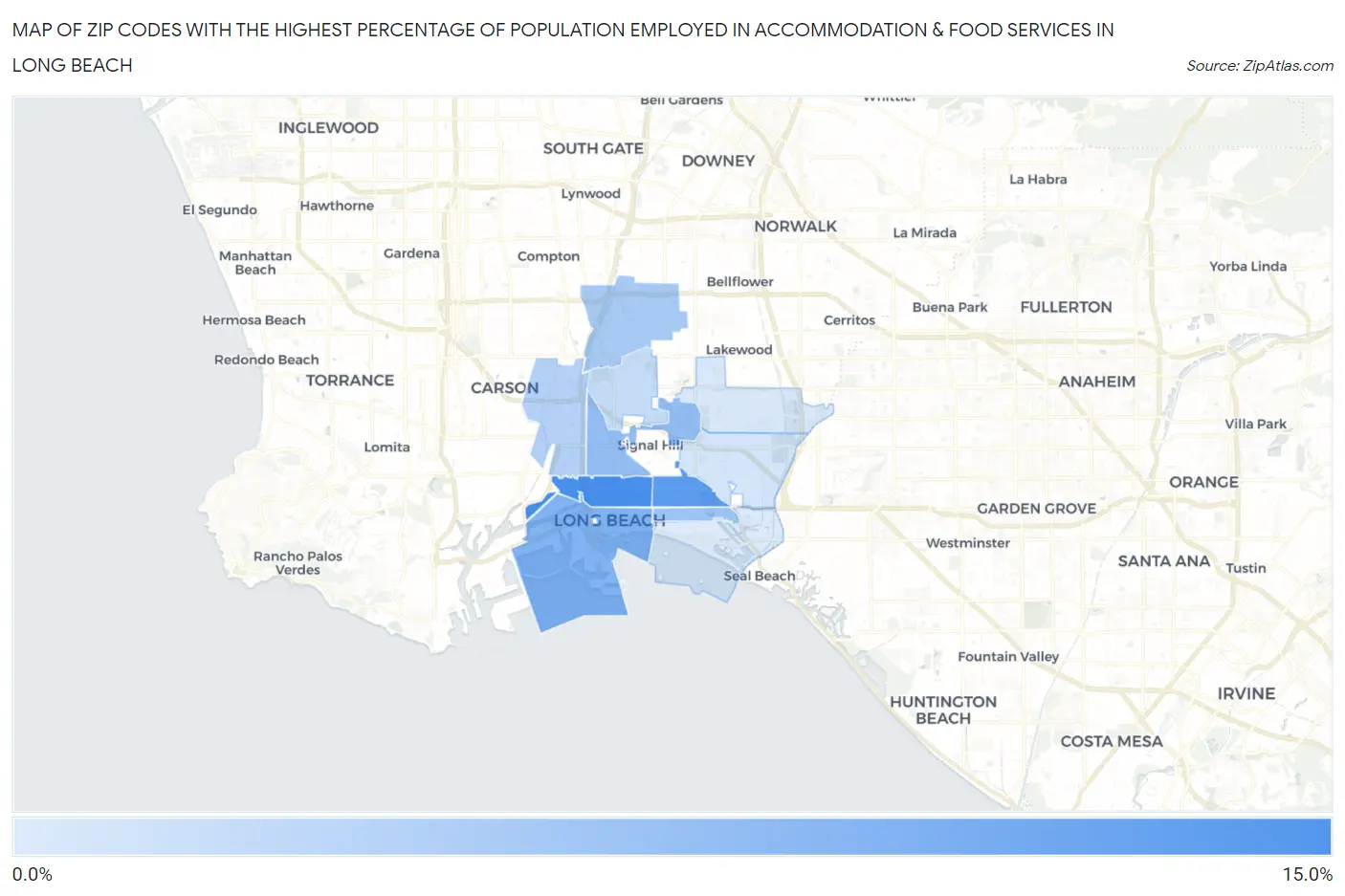 Zip Codes with the Highest Percentage of Population Employed in Accommodation & Food Services in Long Beach Map