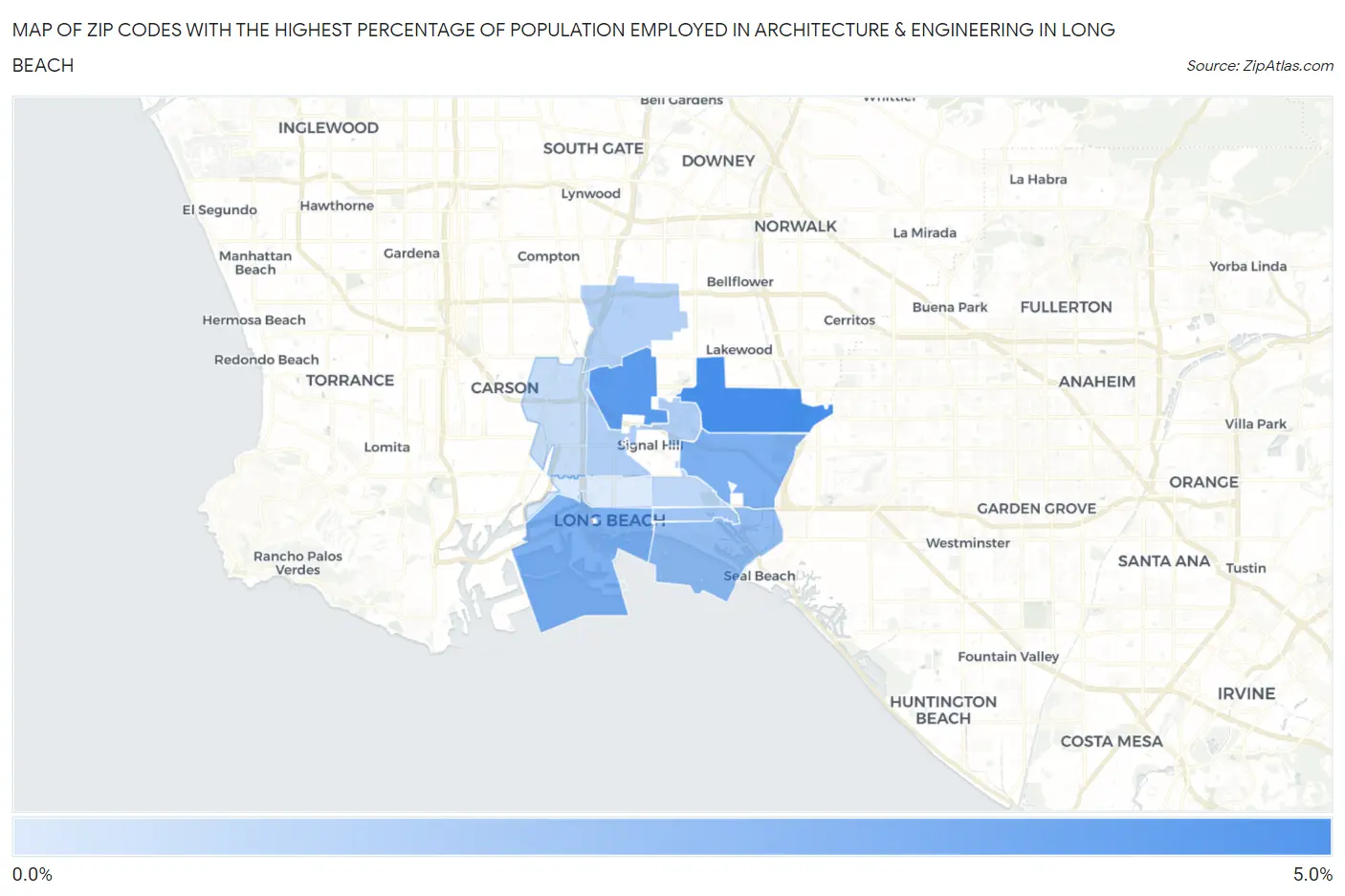 Zip Codes with the Highest Percentage of Population Employed in Architecture & Engineering in Long Beach Map