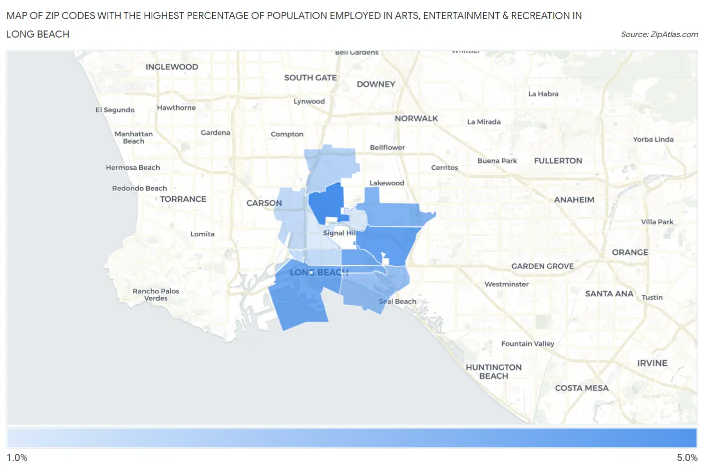 Zip Codes with the Highest Percentage of Population Employed in Arts, Entertainment & Recreation in Long Beach Map