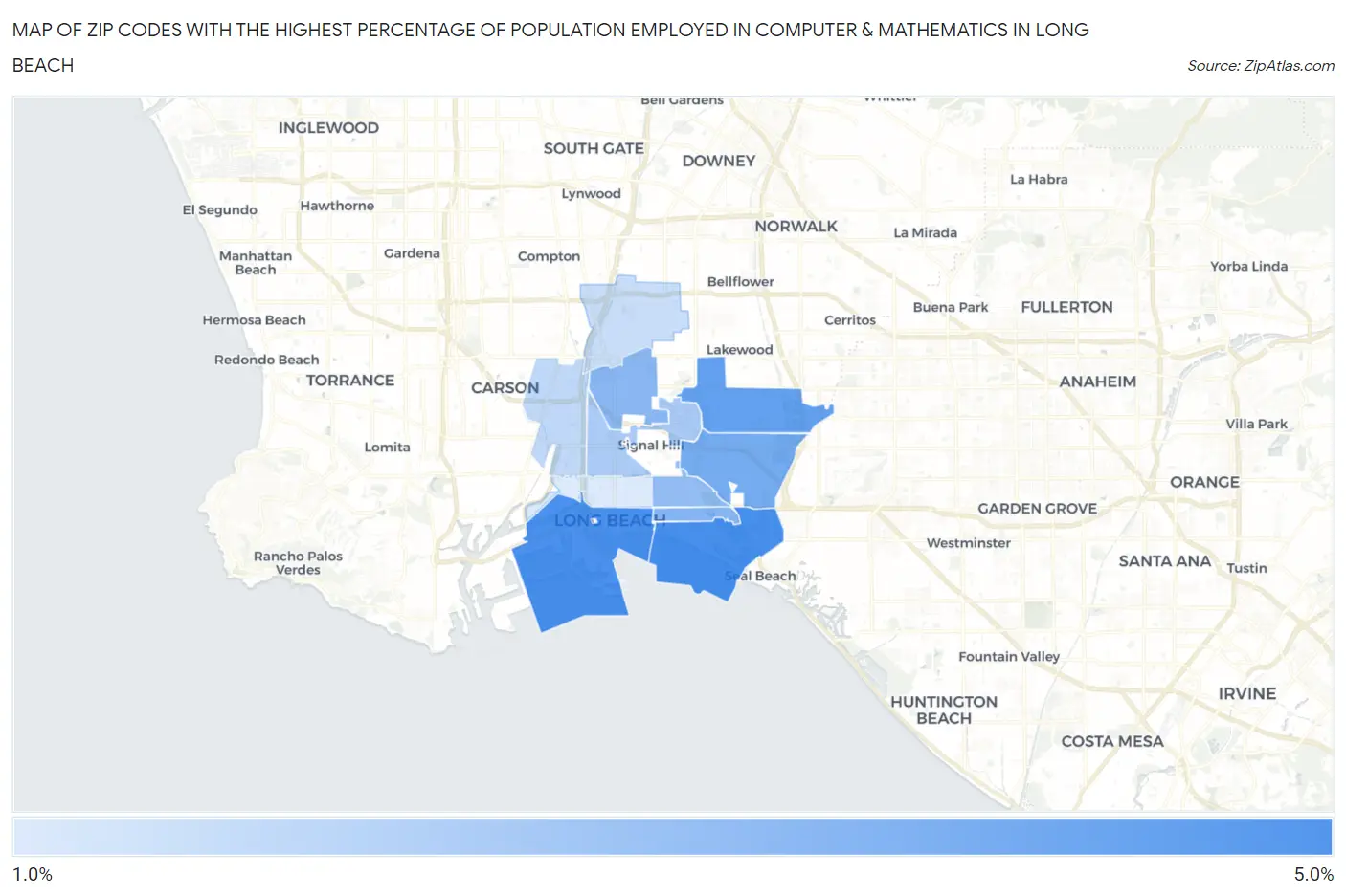 Zip Codes with the Highest Percentage of Population Employed in Computer & Mathematics in Long Beach Map