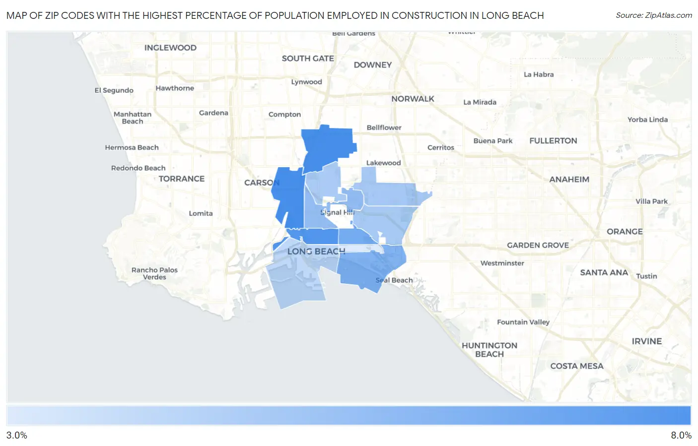 Zip Codes with the Highest Percentage of Population Employed in Construction in Long Beach Map