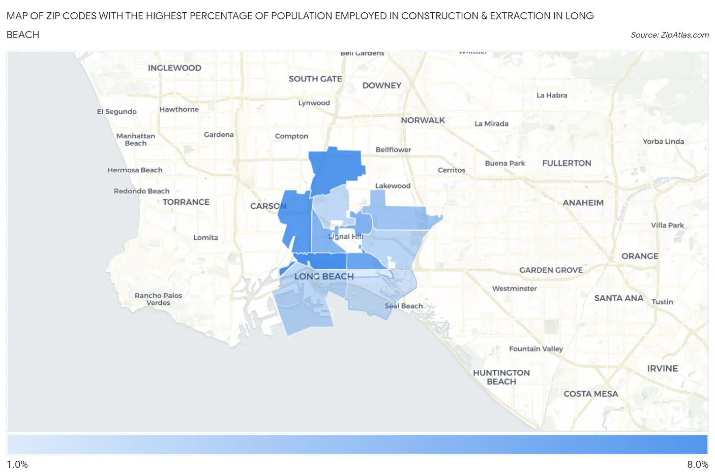 Zip Codes with the Highest Percentage of Population Employed in Construction & Extraction in Long Beach Map