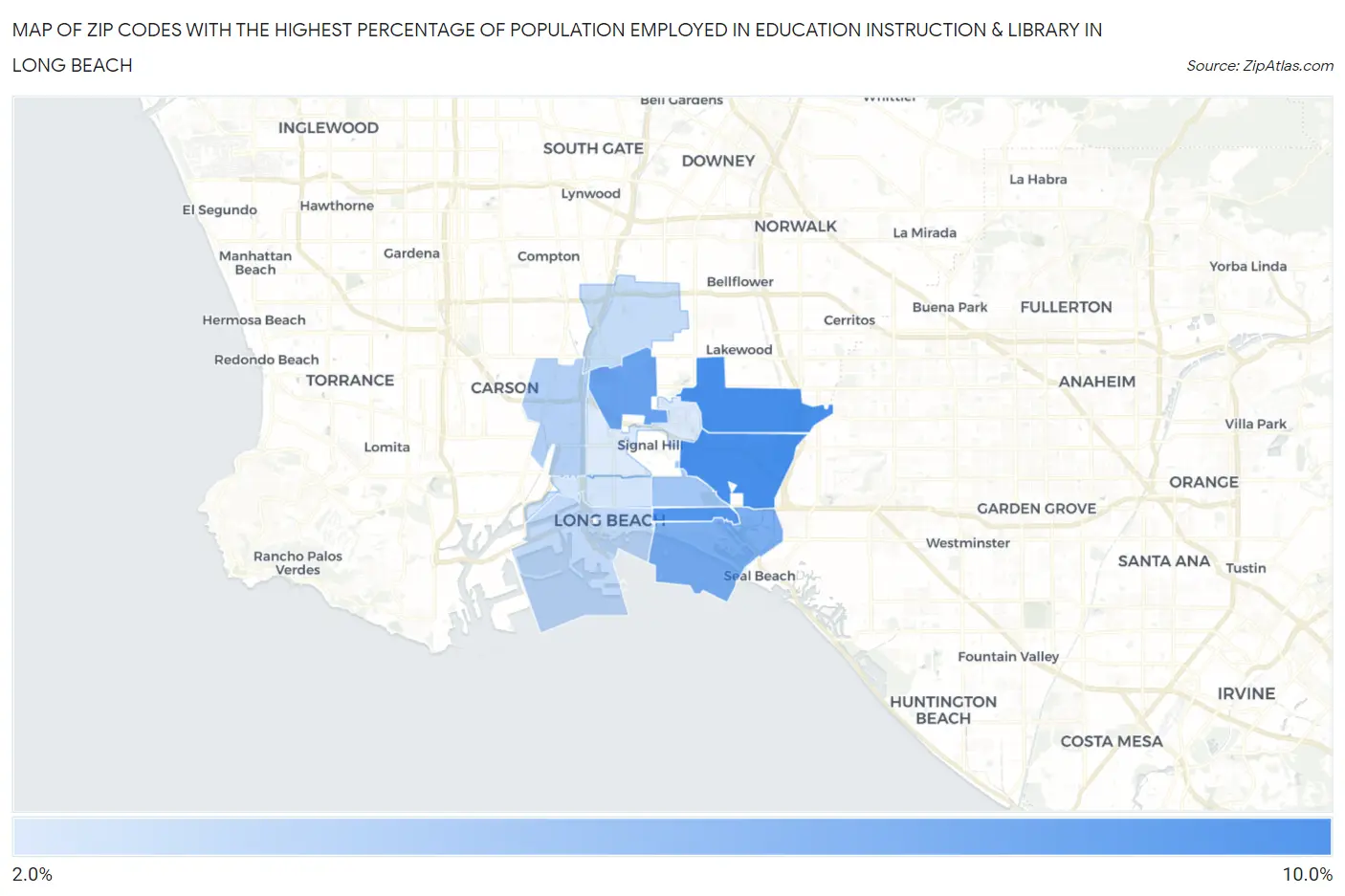 Zip Codes with the Highest Percentage of Population Employed in Education Instruction & Library in Long Beach Map