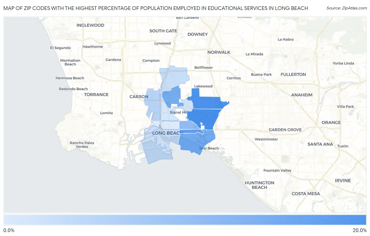 Zip Codes with the Highest Percentage of Population Employed in Educational Services in Long Beach Map
