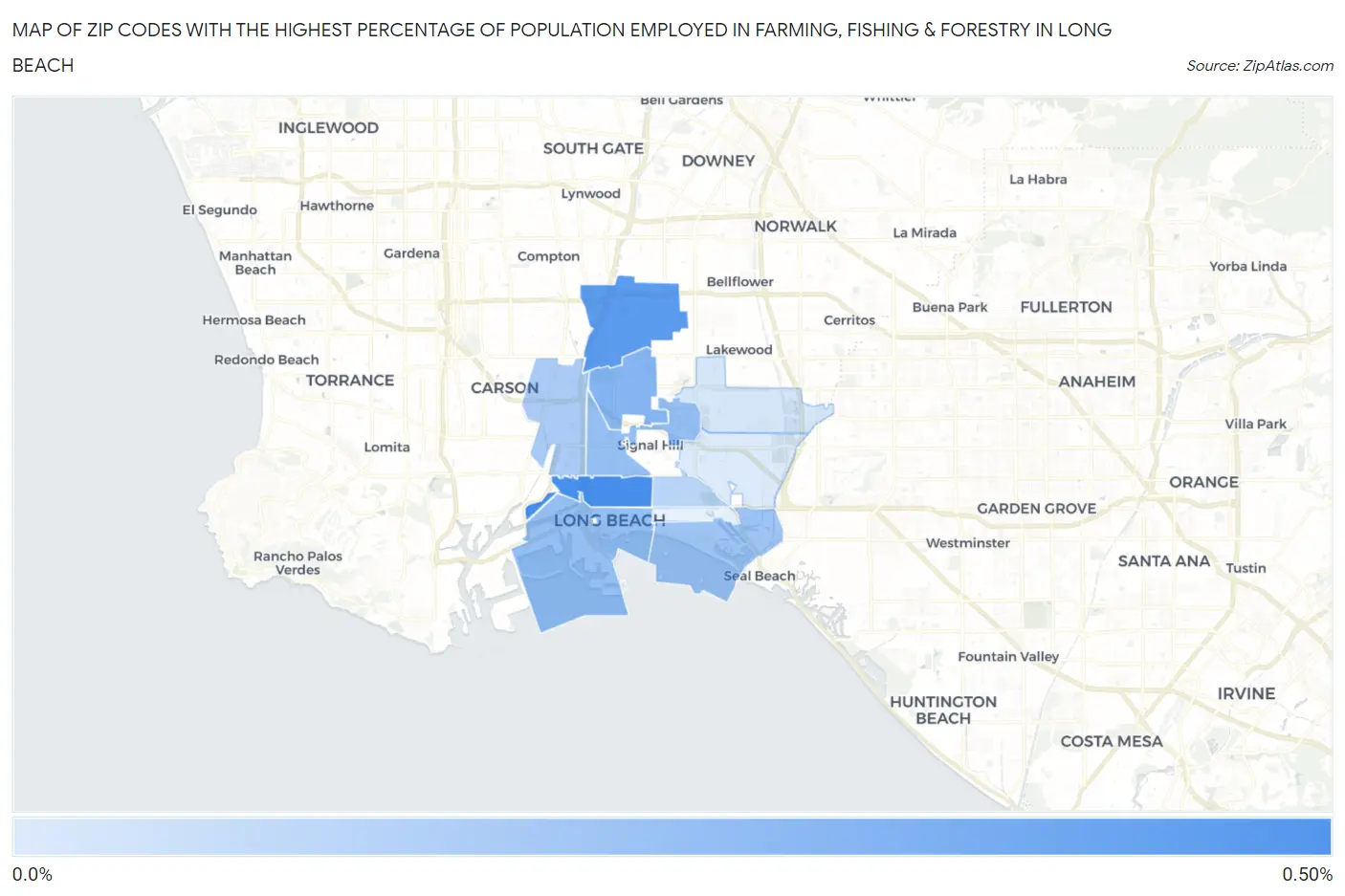 Zip Codes with the Highest Percentage of Population Employed in Farming, Fishing & Forestry in Long Beach Map