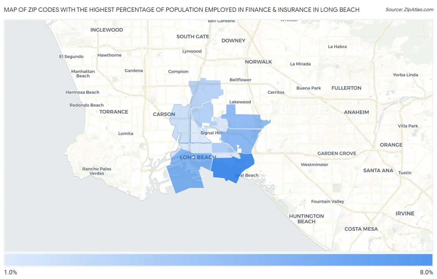Zip Codes with the Highest Percentage of Population Employed in Finance & Insurance in Long Beach Map