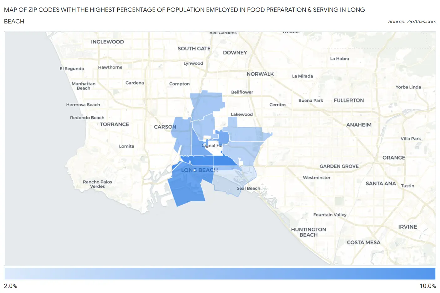Zip Codes with the Highest Percentage of Population Employed in Food Preparation & Serving in Long Beach Map