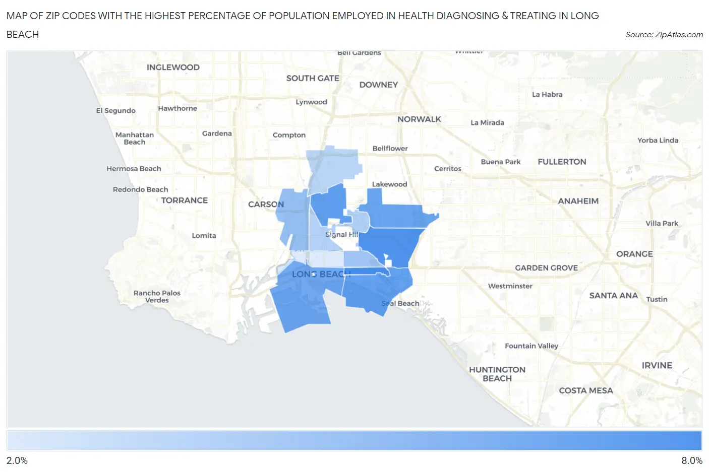 Zip Codes with the Highest Percentage of Population Employed in Health Diagnosing & Treating in Long Beach Map