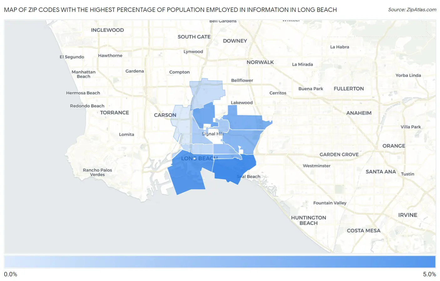 Zip Codes with the Highest Percentage of Population Employed in Information in Long Beach Map