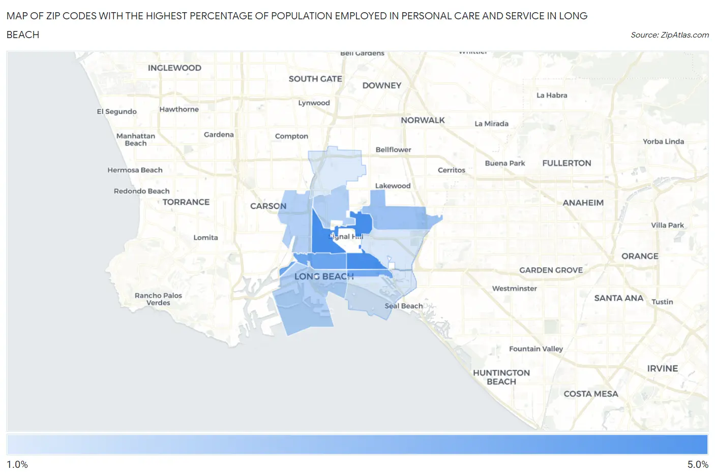 Zip Codes with the Highest Percentage of Population Employed in Personal Care and Service in Long Beach Map