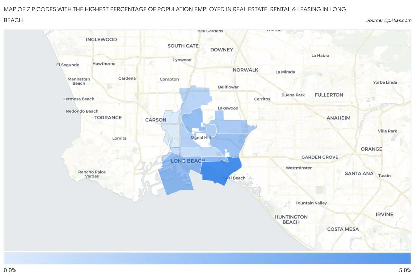 Zip Codes with the Highest Percentage of Population Employed in Real Estate, Rental & Leasing in Long Beach Map