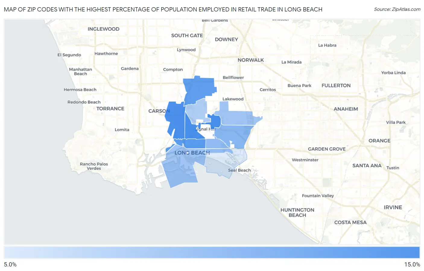 Zip Codes with the Highest Percentage of Population Employed in Retail Trade in Long Beach Map