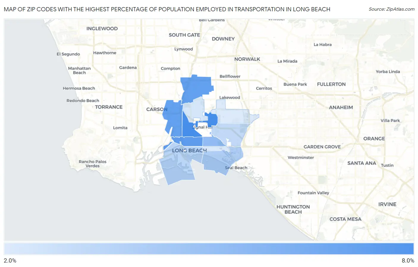 Zip Codes with the Highest Percentage of Population Employed in Transportation in Long Beach Map
