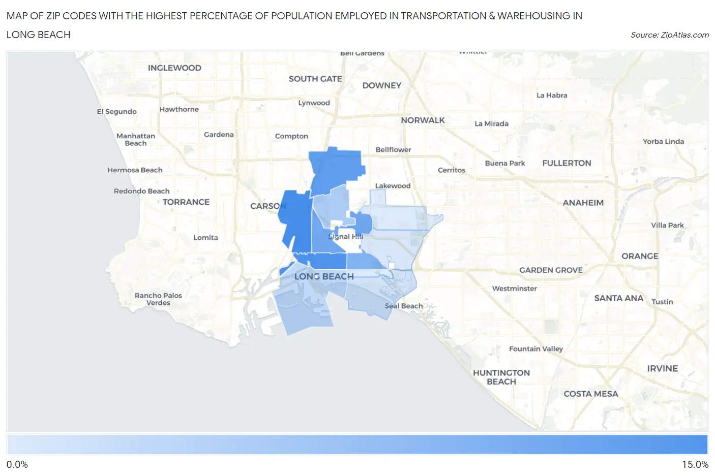 Zip Codes with the Highest Percentage of Population Employed in Transportation & Warehousing in Long Beach Map