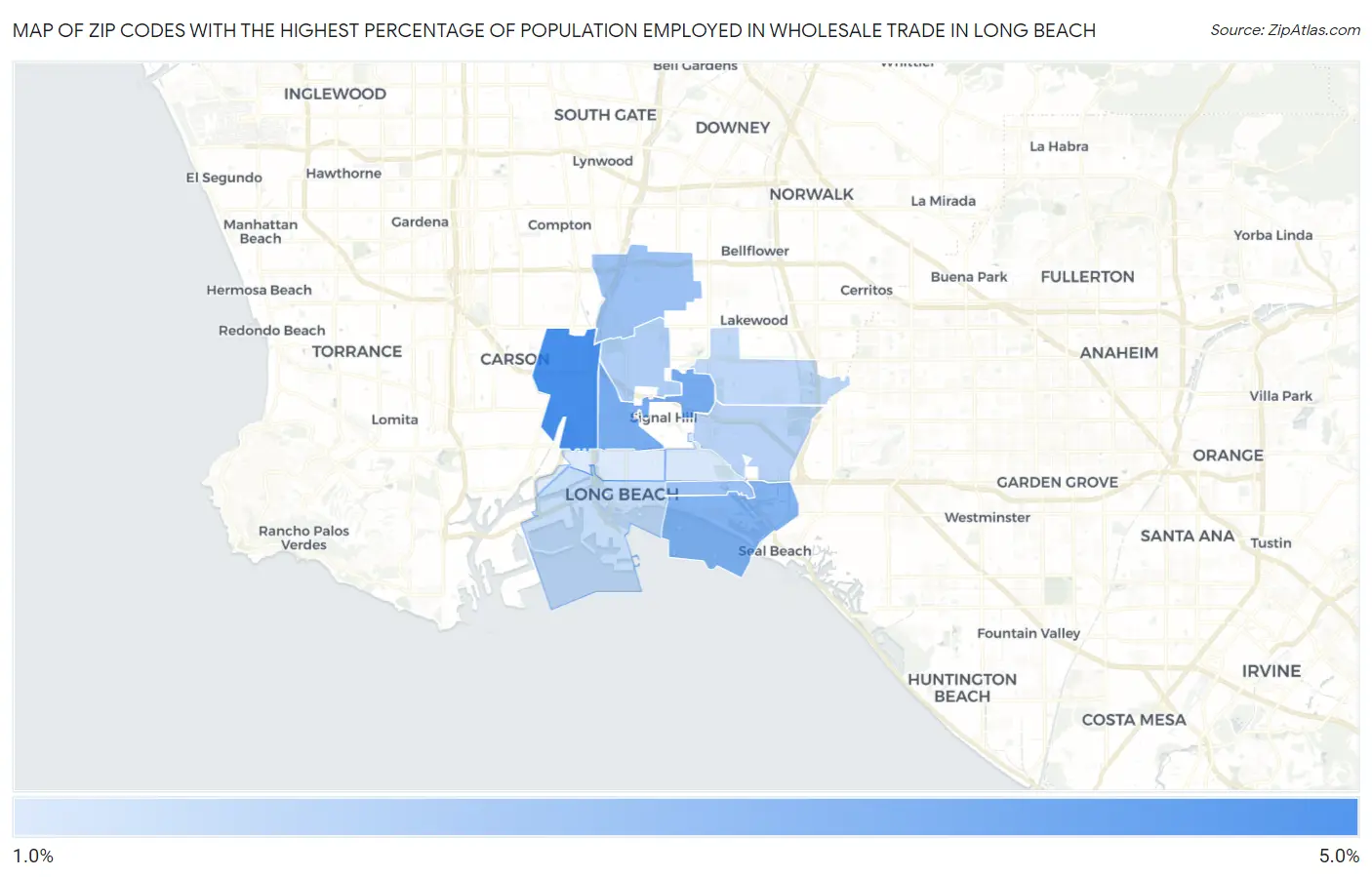 Zip Codes with the Highest Percentage of Population Employed in Wholesale Trade in Long Beach Map
