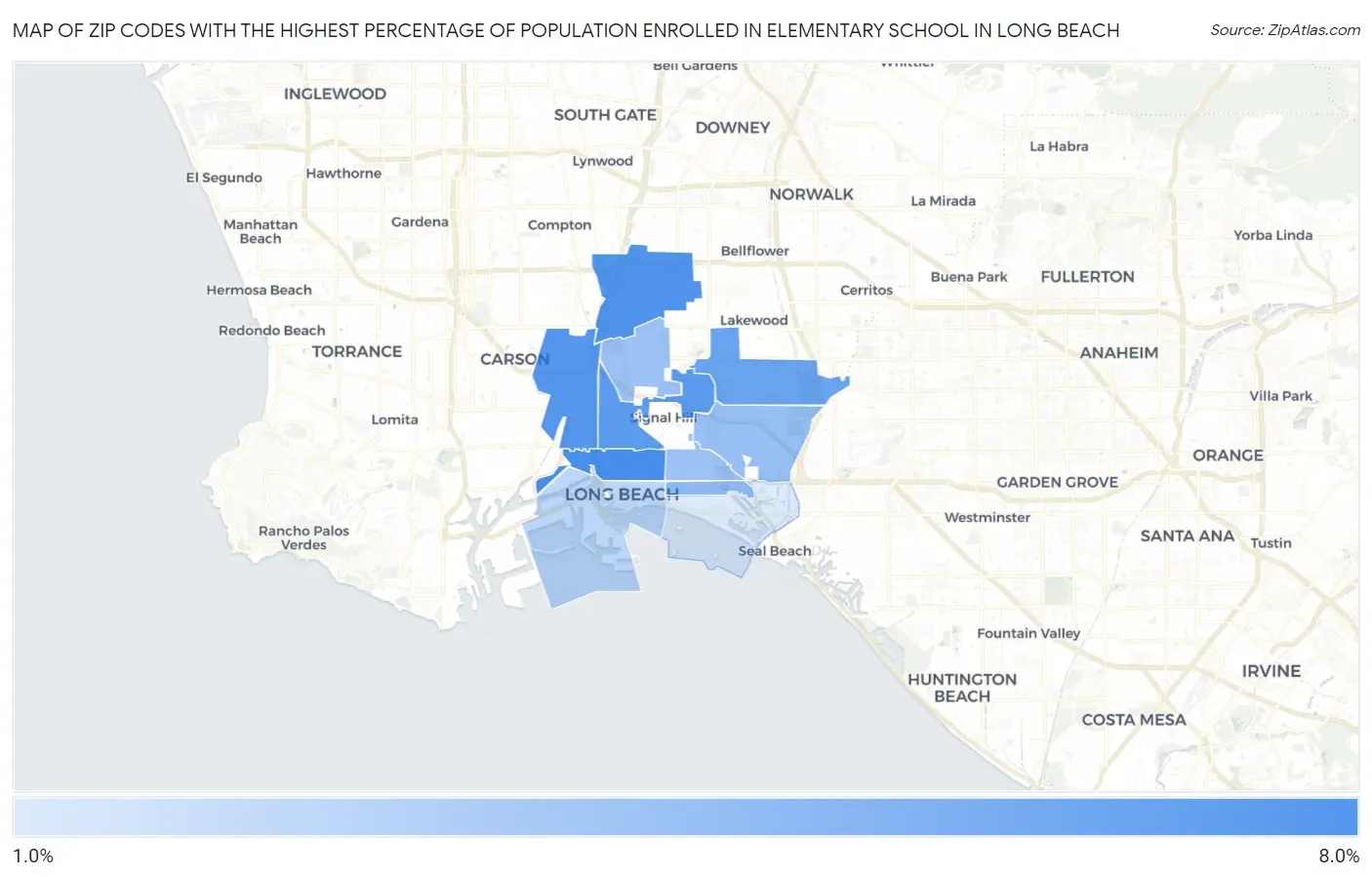 Zip Codes with the Highest Percentage of Population Enrolled in Elementary School in Long Beach Map