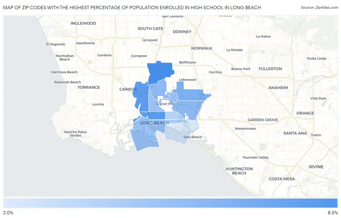 Zip Codes with the Highest Percentage of Population Enrolled in High School in Long Beach Map