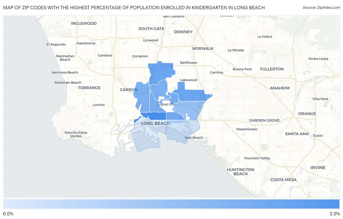 Zip Codes with the Highest Percentage of Population Enrolled in Kindergarten in Long Beach Map