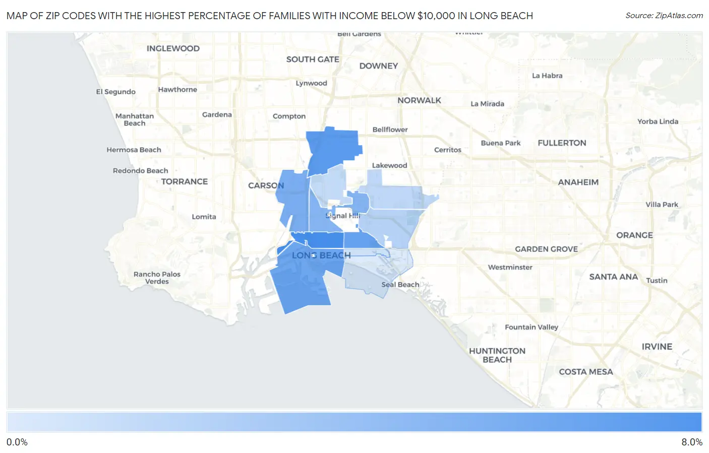 Zip Codes with the Highest Percentage of Families with Income Below $10,000 in Long Beach Map