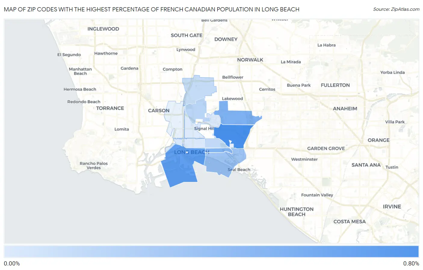 Zip Codes with the Highest Percentage of French Canadian Population in Long Beach Map