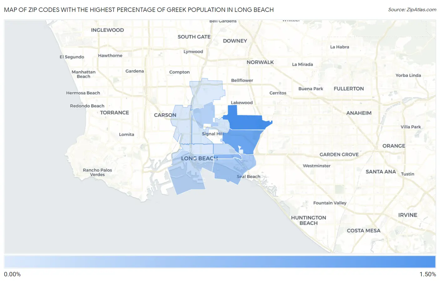 Zip Codes with the Highest Percentage of Greek Population in Long Beach Map