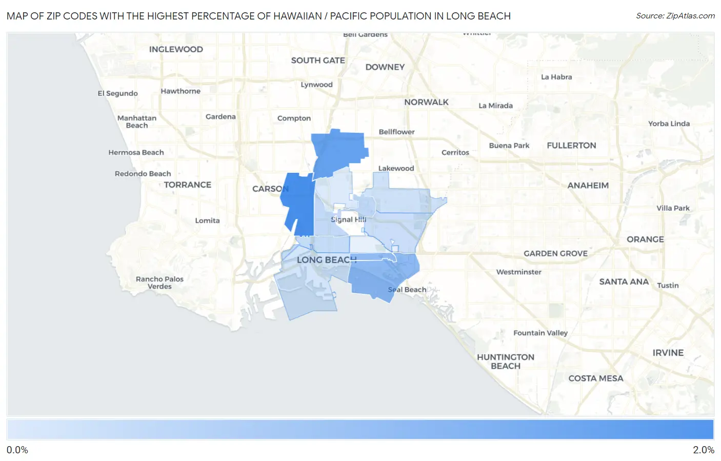 Zip Codes with the Highest Percentage of Hawaiian / Pacific Population in Long Beach Map