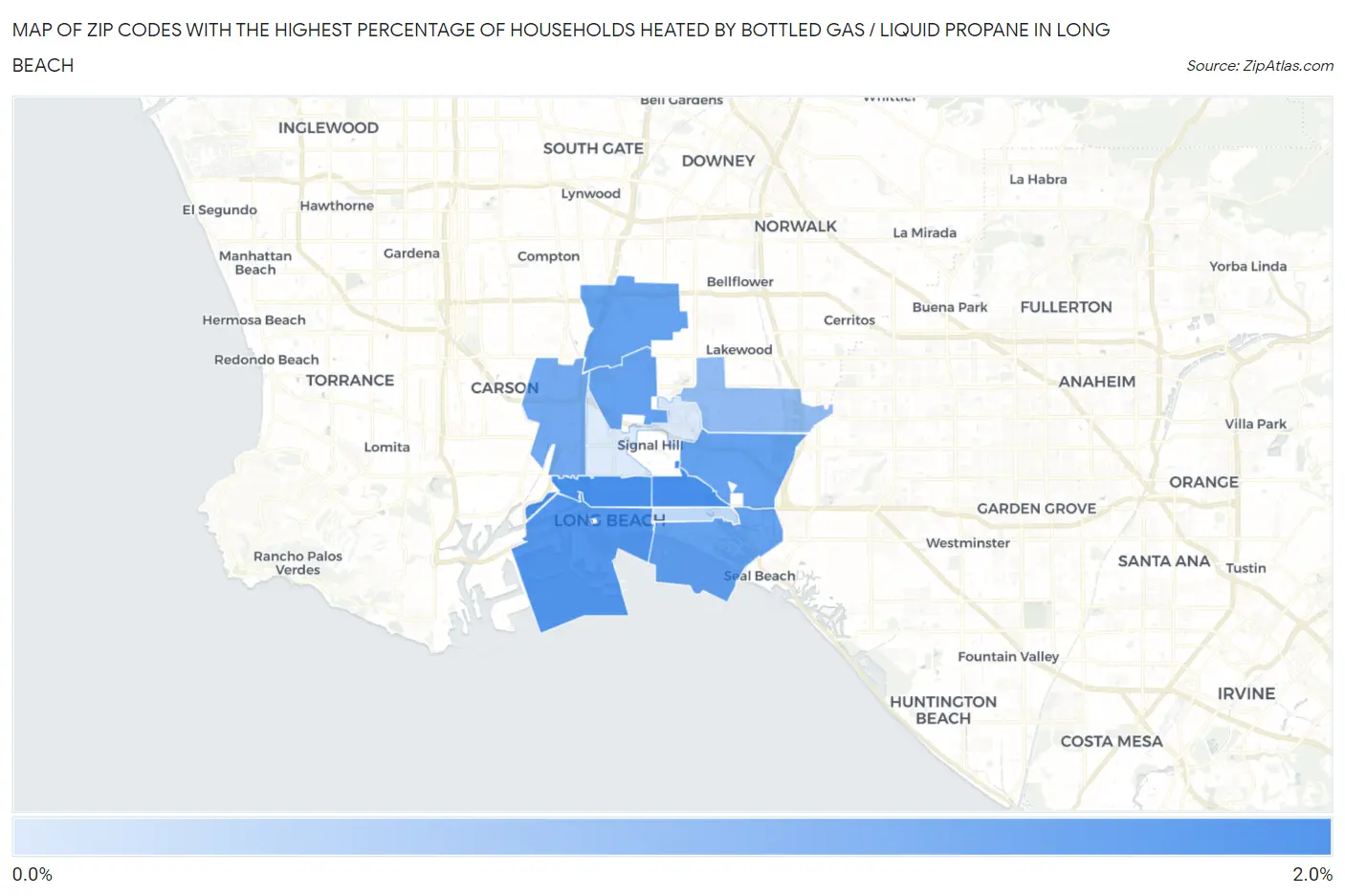 Zip Codes with the Highest Percentage of Households Heated by Bottled Gas / Liquid Propane in Long Beach Map