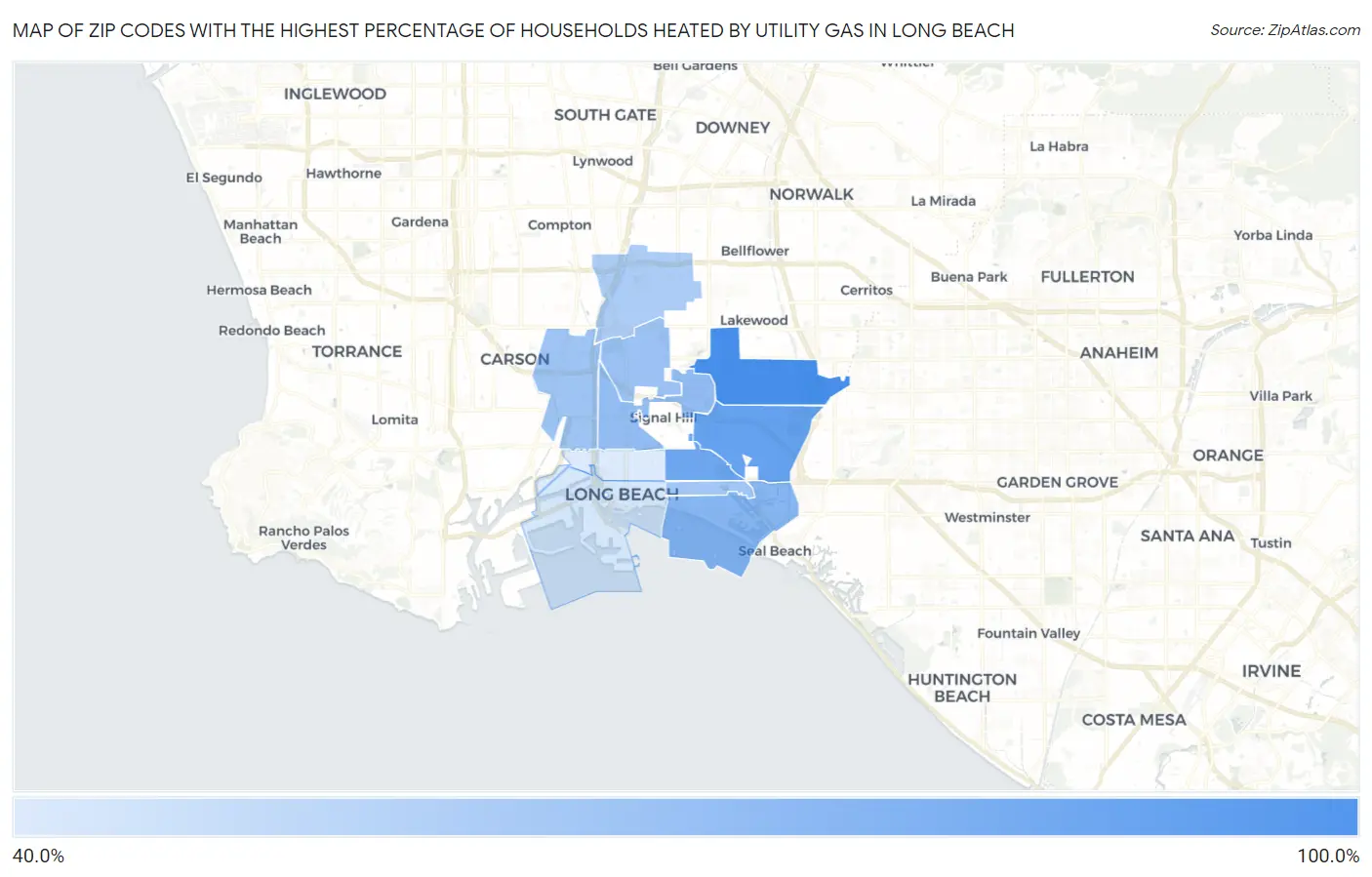 Zip Codes with the Highest Percentage of Households Heated by Utility Gas in Long Beach Map